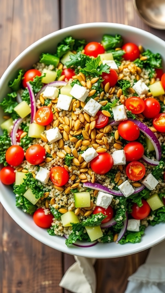 A colorful kale and quinoa salad with tomatoes, cucumber, onion, sunflower seeds, and feta on a wooden table.